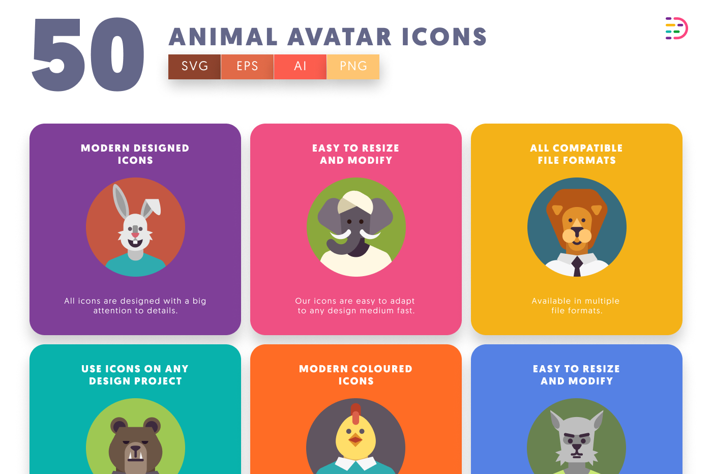 50 Dressed Animal Character Avatars preview 5 – illustrated icons in PNG, SVG and EPS
