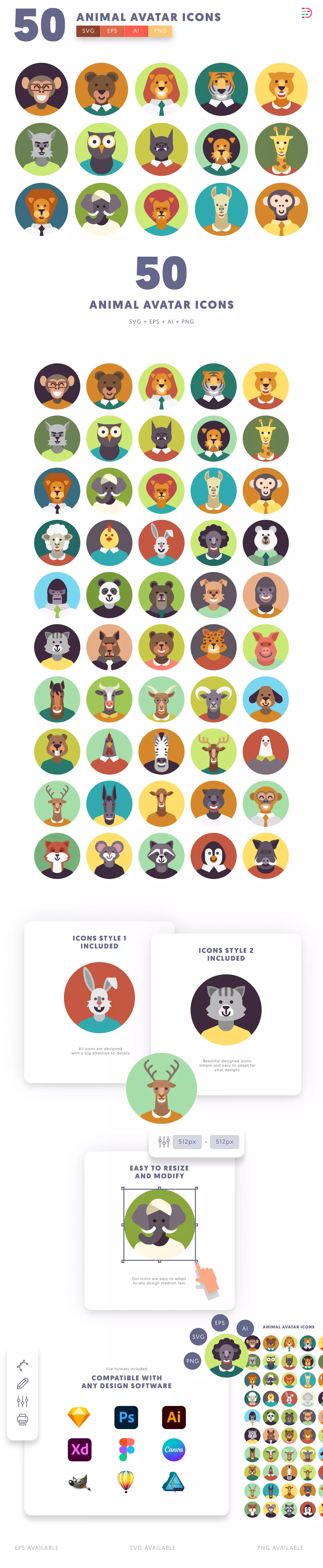 50 Dressed Animal Character Avatars cover – illustrated icons in PNG, SVG and EPS