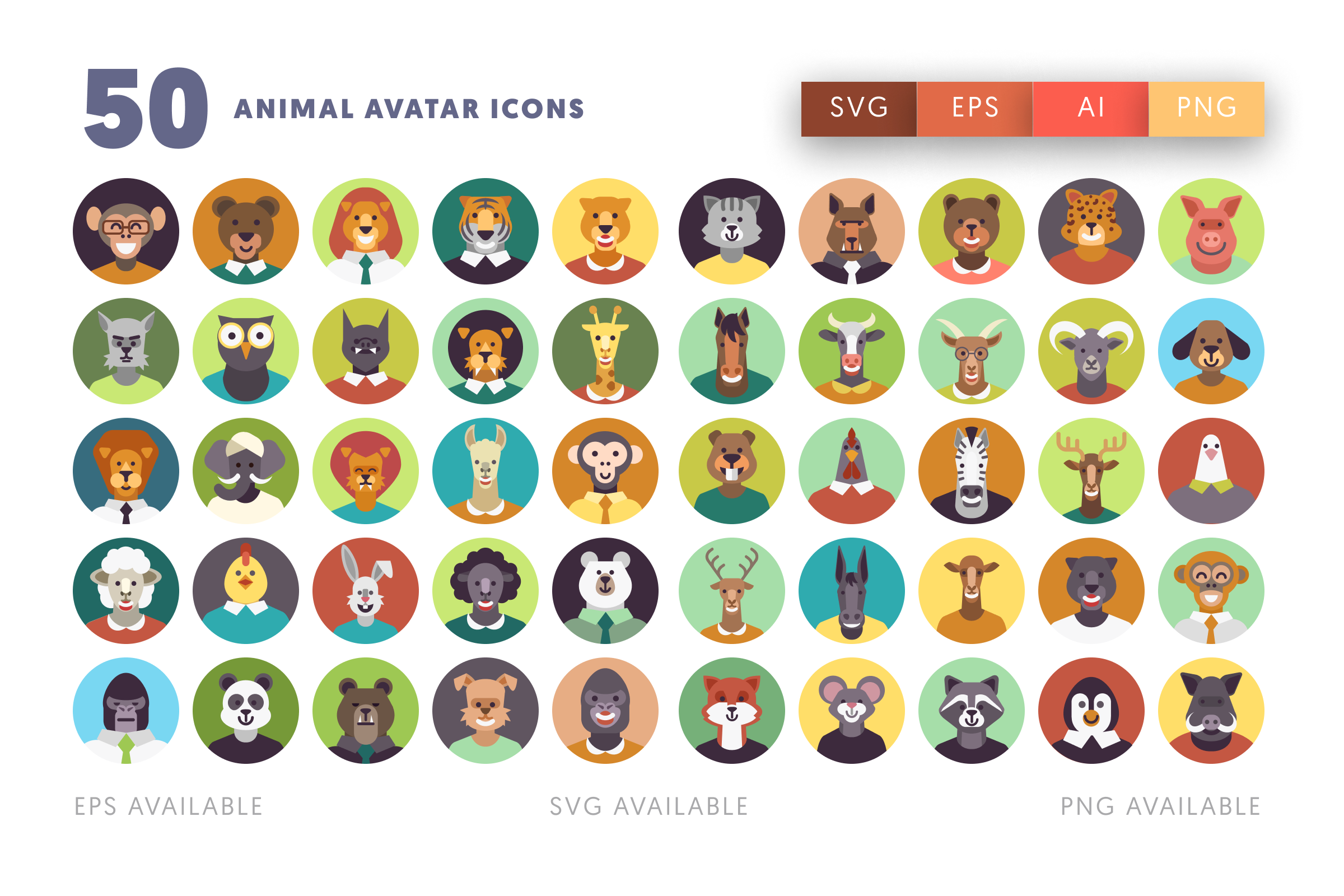 50 Dressed Animal Character Avatars – illustrated icon set