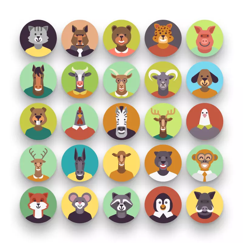 50 Dressed Animal Character Avatars – set of colorful illustrated icons