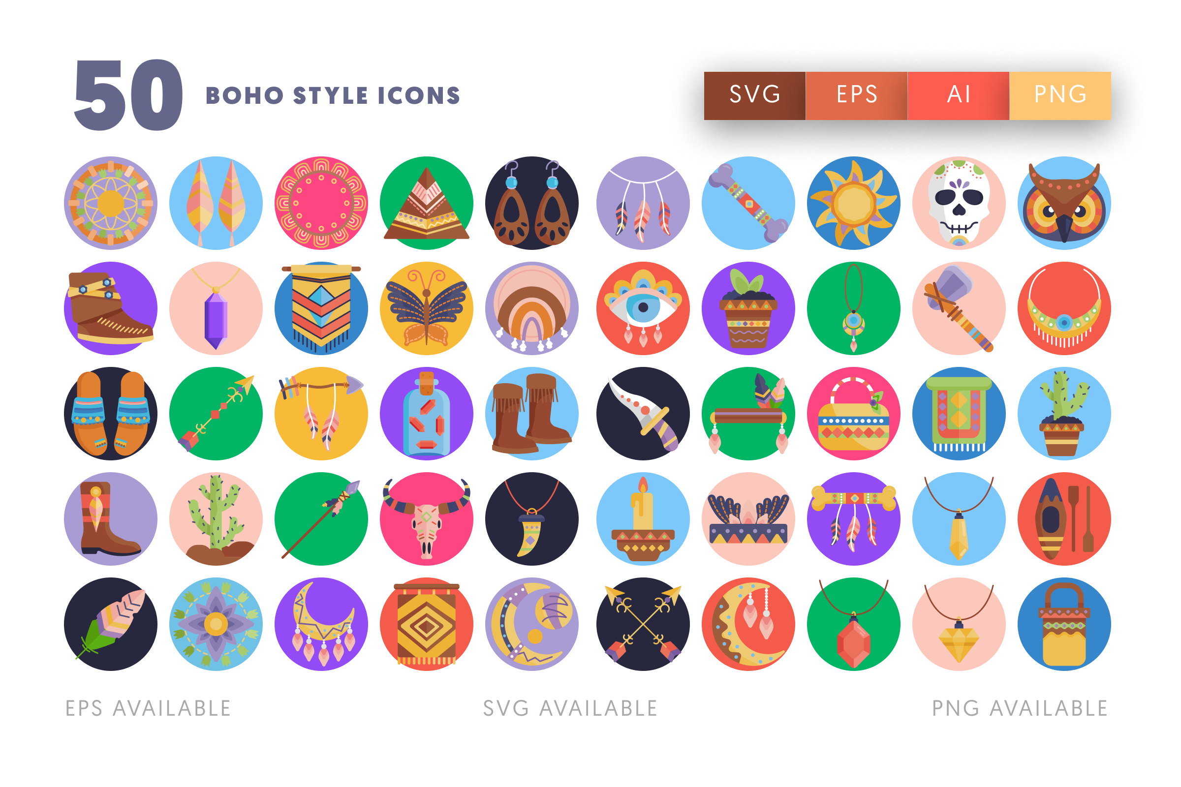 50 Boho Style Icons – flat circle icon set