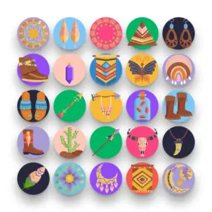 50 Boho Style Icons – set of colorful flat circle icons
