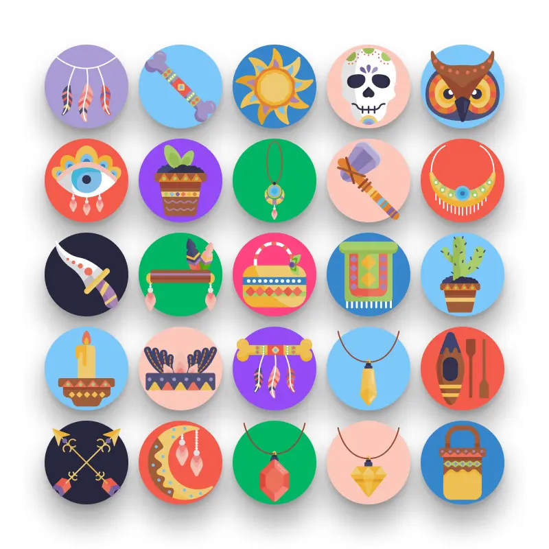 50 Boho Style Icons – set of colorful flat circle icons