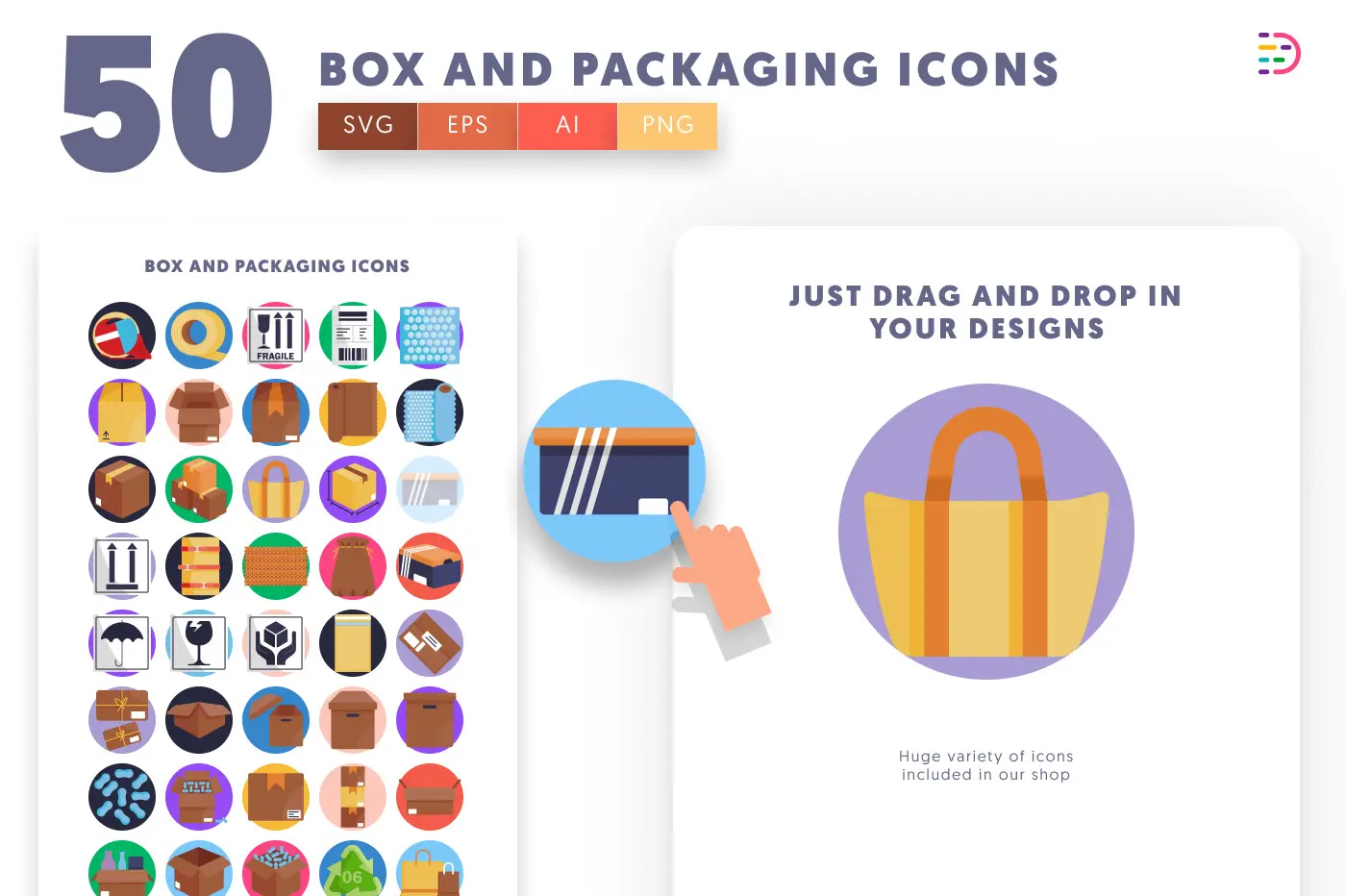 50 Box and Packaging Icons preview 1 – flat circle icons in PNG, SVG and EPS
