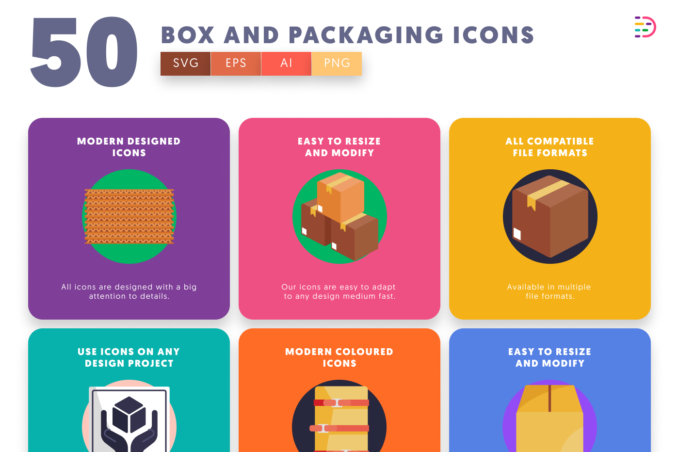 50 Box and Packaging Icons preview 5 – flat circle icons in PNG, SVG and EPS