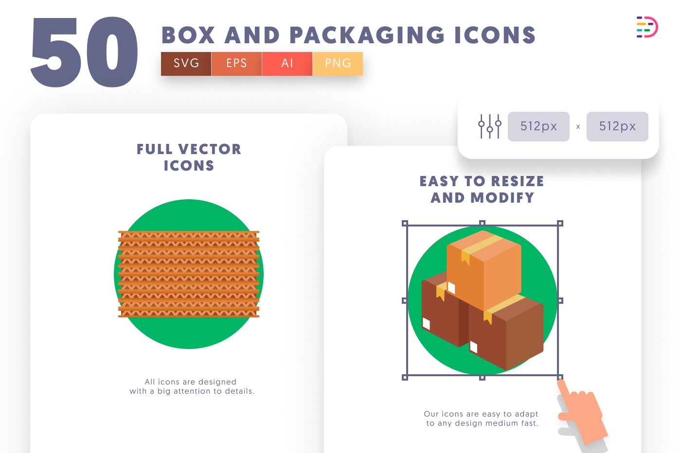 50 Box and Packaging Icons preview 6 – flat circle icons in PNG, SVG and EPS