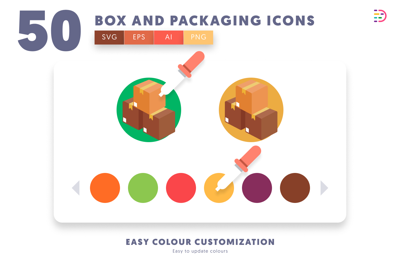 50 Box and Packaging Icons preview 7 – flat circle icons in PNG, SVG and EPS