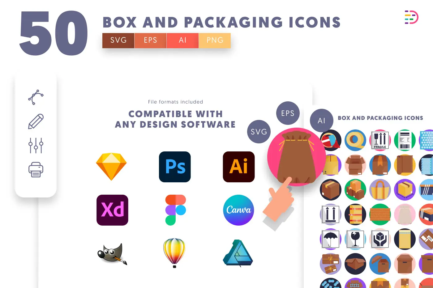 50 Box and Packaging Icons preview 8 – flat circle icons in PNG, SVG and EPS