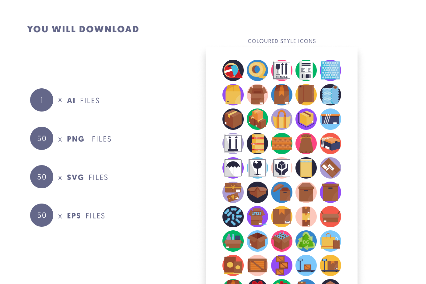 50 Box and Packaging Icons preview 9 – flat circle icons in PNG, SVG and EPS