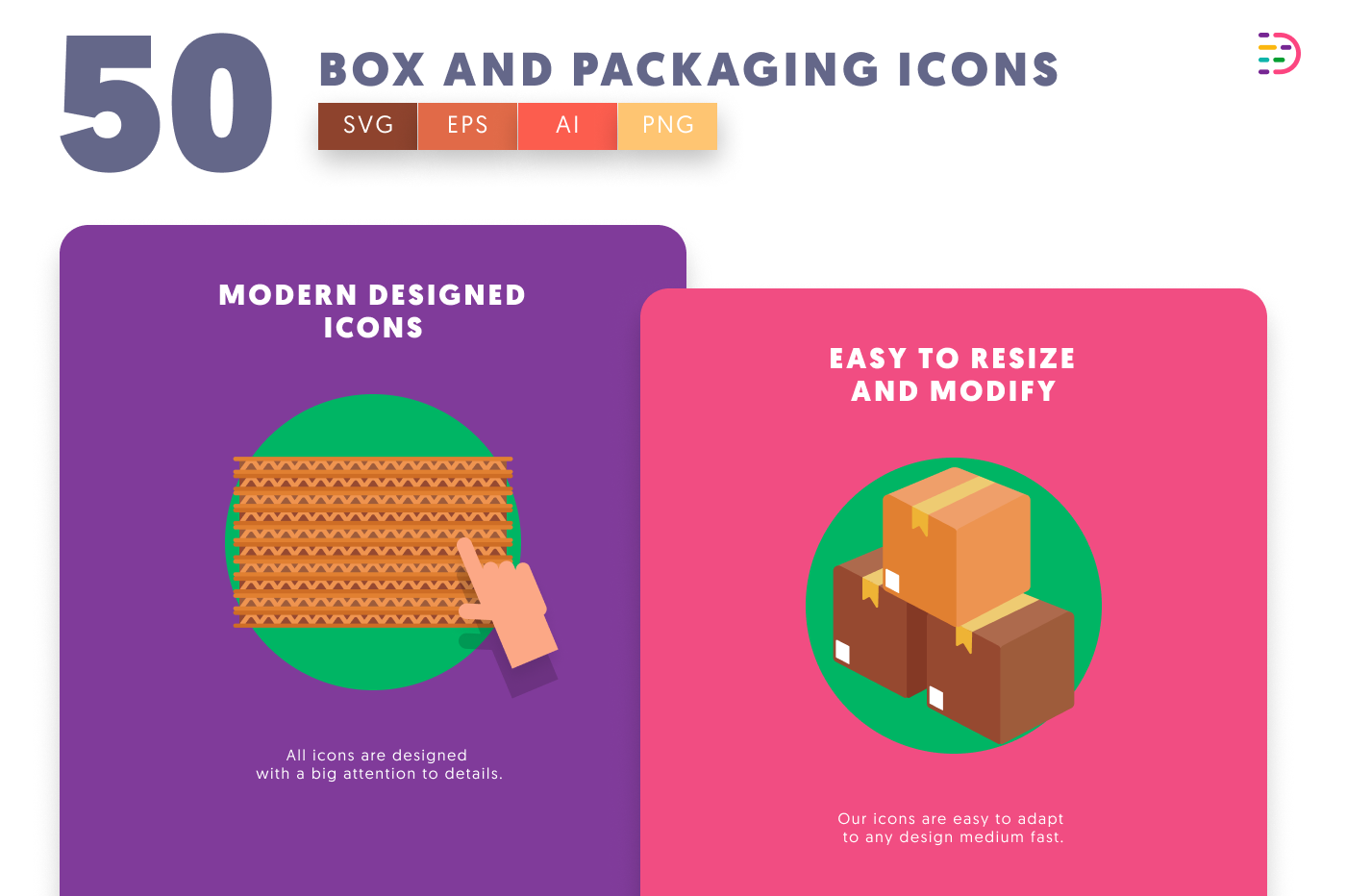 50 Box and Packaging Icons cover – flat circle icons in PNG, SVG and EPS