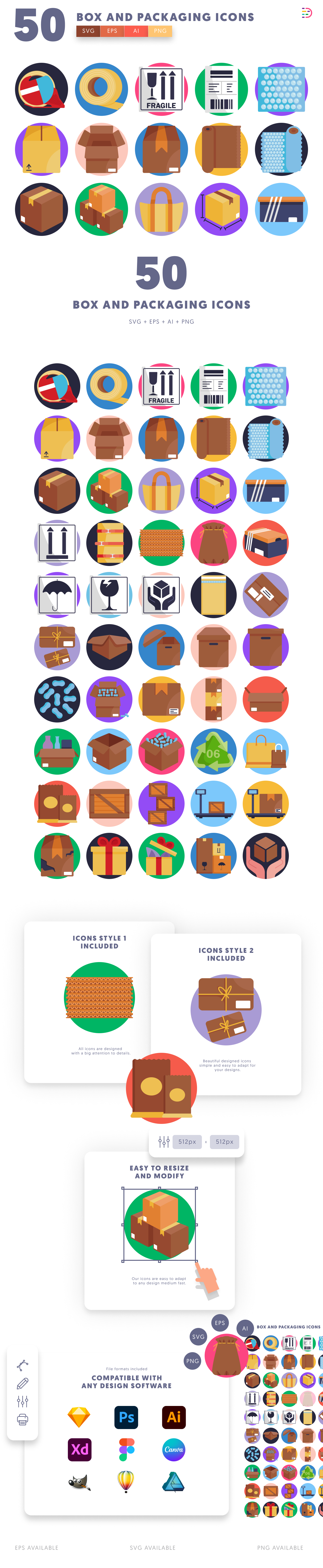 50 Box and Packaging Icons cover – flat circle icons in PNG, SVG and EPS