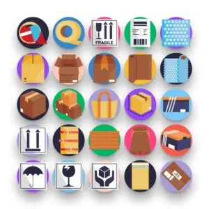 50 Box and Packaging Icons – set of colorful flat circle icons