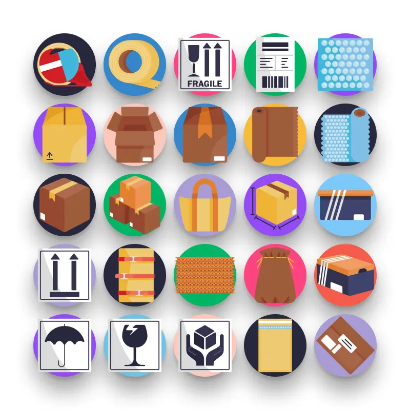 50 Box and Packaging Icons – set of colorful flat circle icons