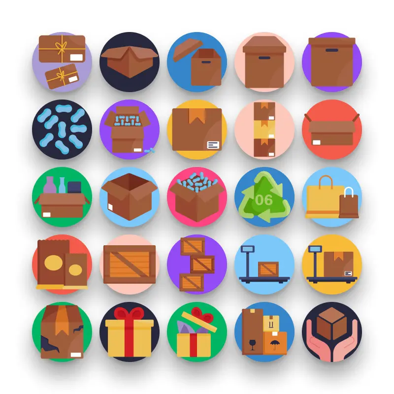 50 Box and Packaging Icons – set of colorful flat circle icons