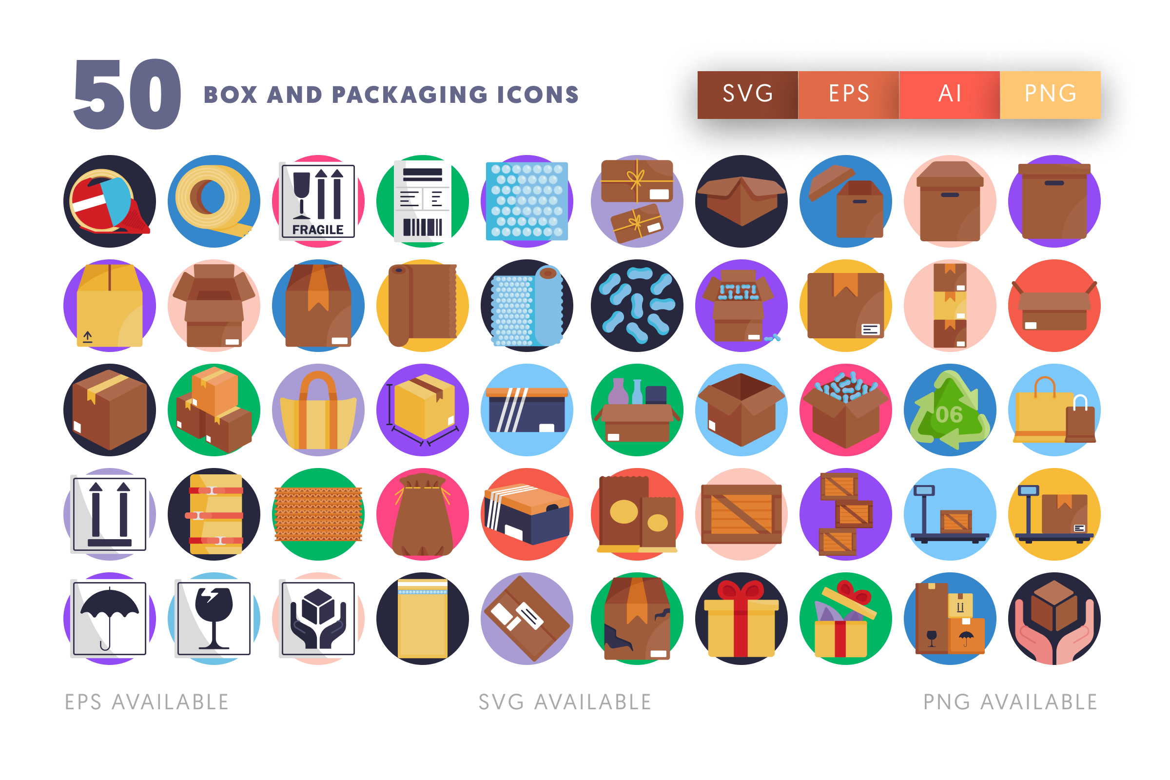 50 Box and Packaging Icons – flat circle icon set