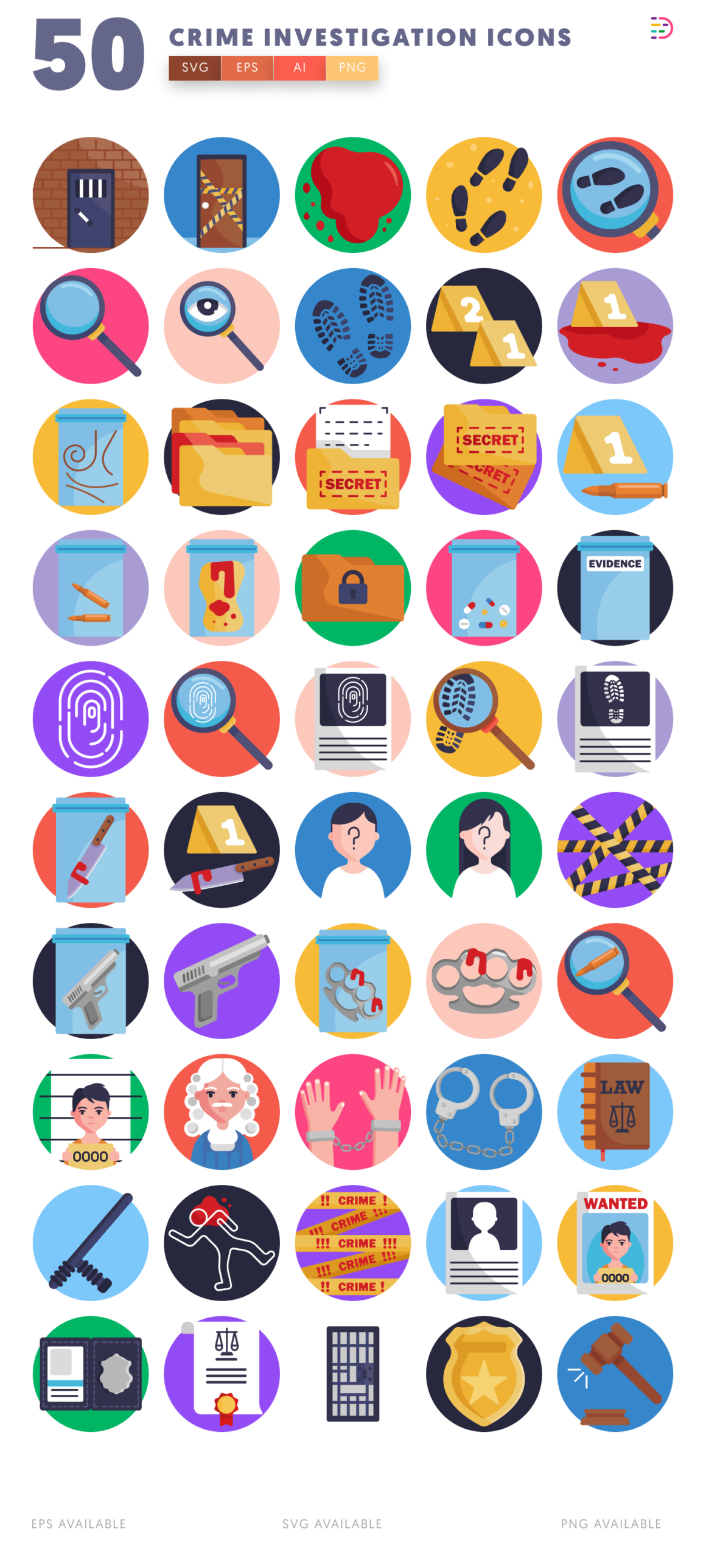 50 Crime Investigation Icons – Sleek, Professional, and Versatile