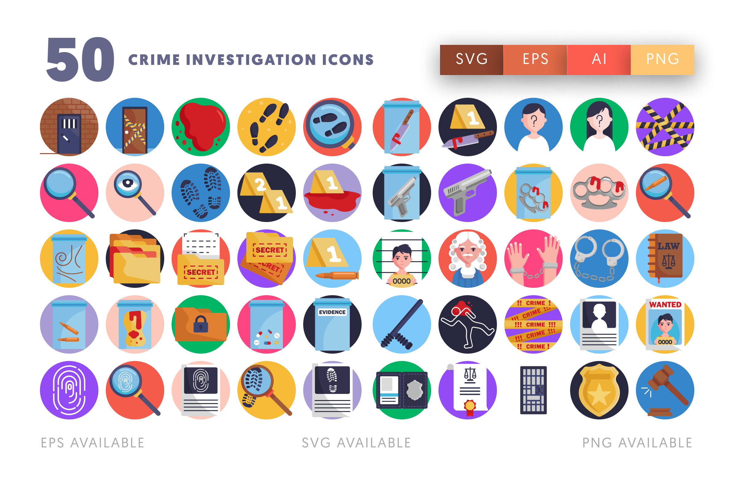 50 Crime Investigation Icons – flat circle icon set