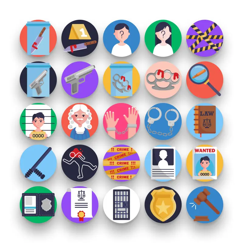 50 Crime Investigation Icons – set of colorful flat circle icons