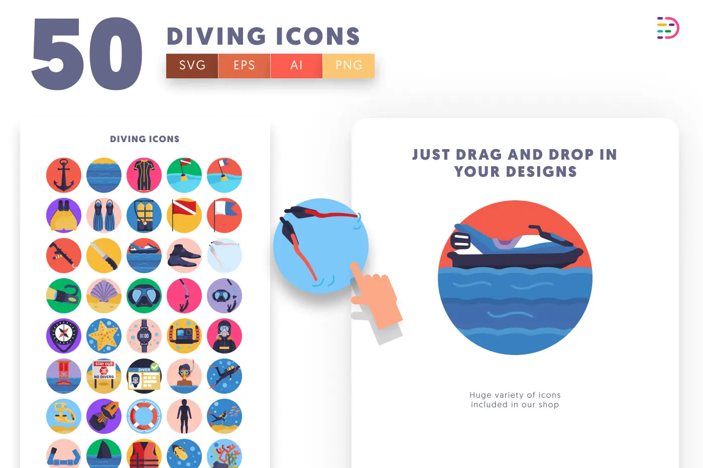 50 Diving Icons preview 1 – flat circle icons in PNG, SVG and EPS