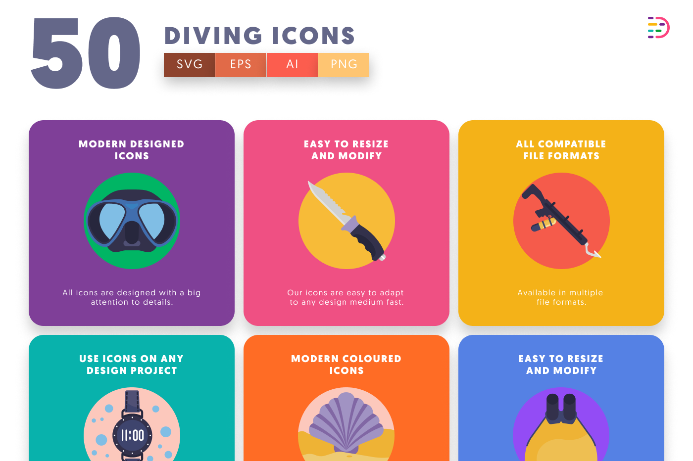 50 Diving Icons preview 5 – flat circle icons in PNG, SVG and EPS