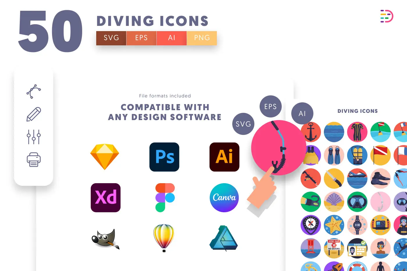 50 Diving Icons preview 8 – flat circle icons in PNG, SVG and EPS