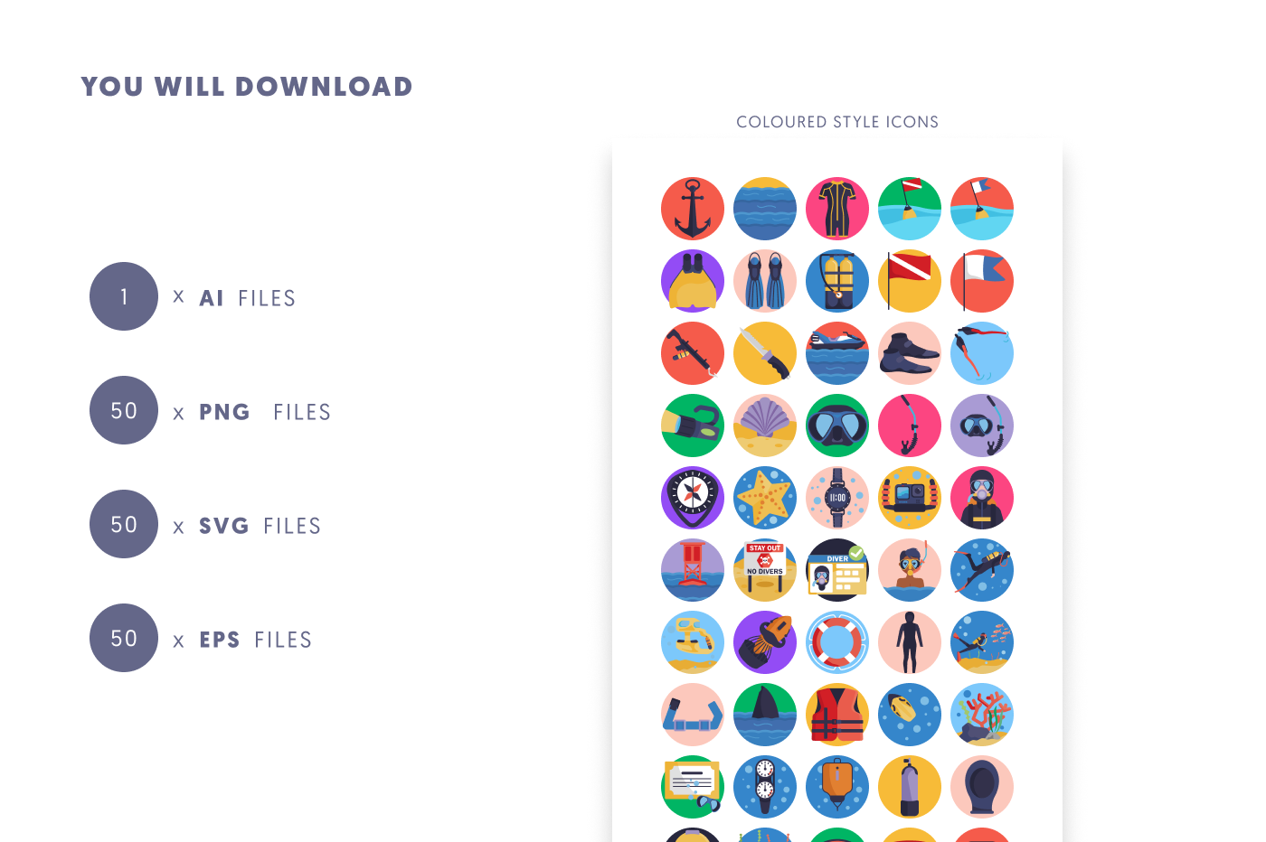 50 Diving Icons preview 9 – flat circle icons in PNG, SVG and EPS