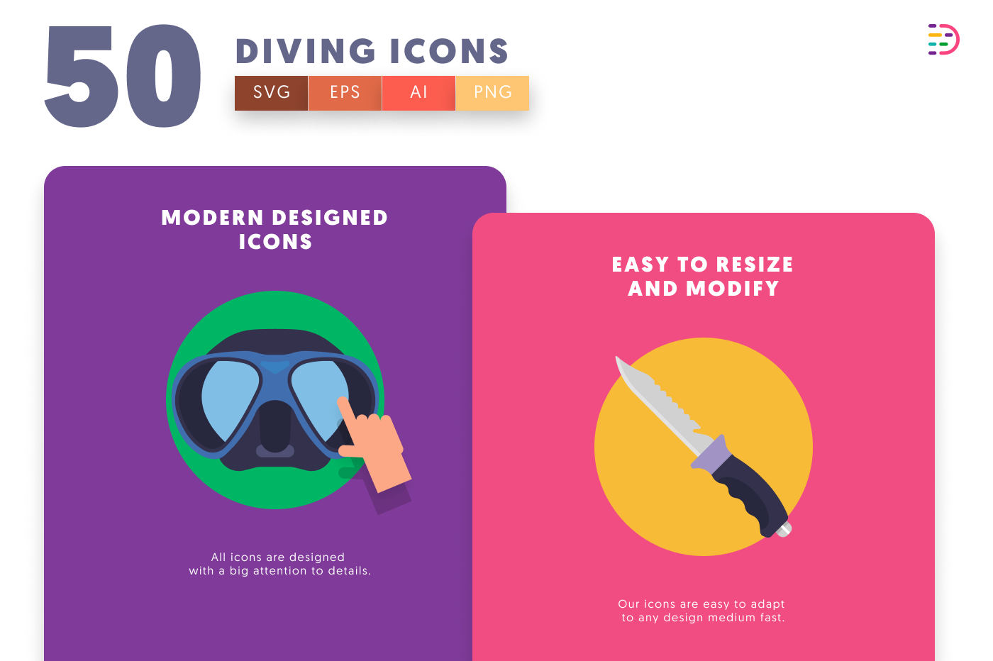 50 Diving Icons cover – flat circle icons in PNG, SVG and EPS