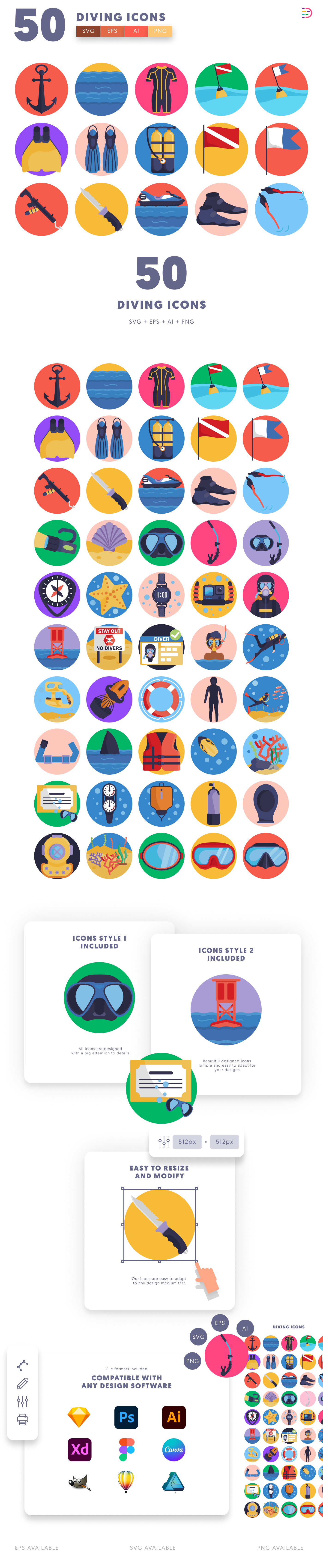 50 Diving Icons cover – flat circle icons in PNG, SVG and EPS