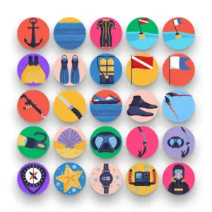 50 Diving Icons – set of colorful flat circle icons