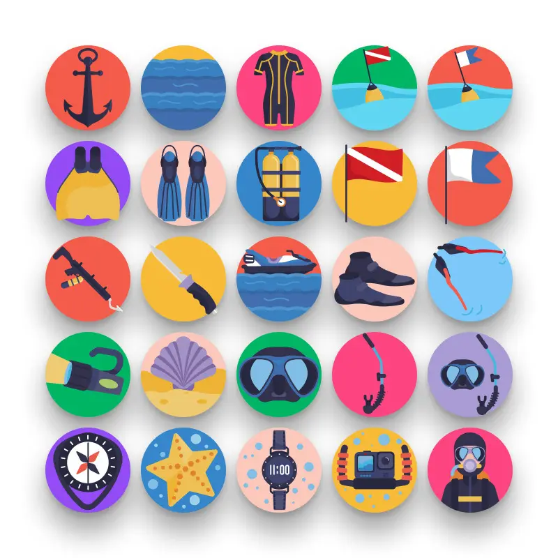 50 Diving Icons – set of colorful flat circle icons