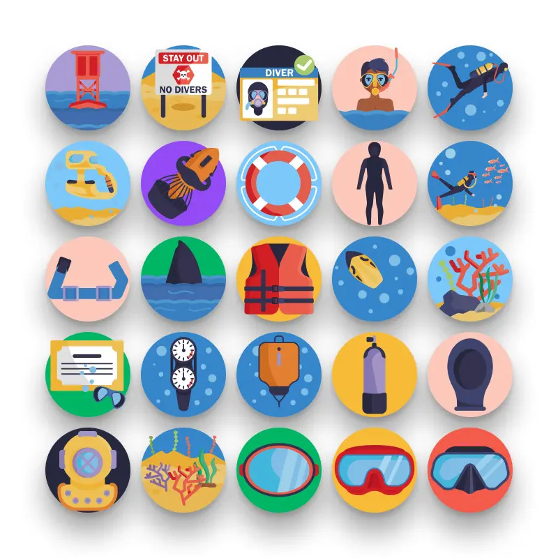 50 Diving Icons – set of colorful flat circle icons