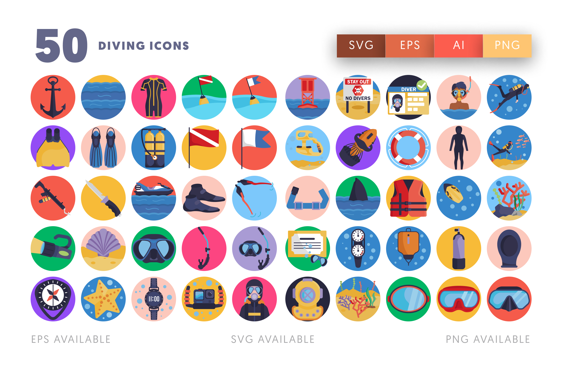 50 Diving Icons – flat circle icon set