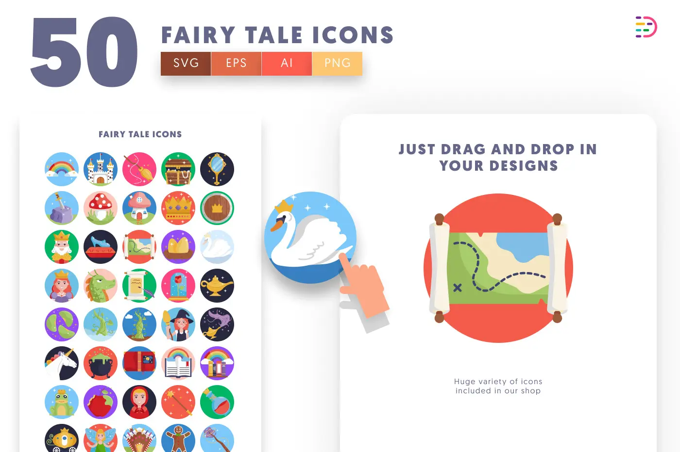 50 Fairy Tale Icons preview 1 – flat circle icons in PNG, SVG and EPS
