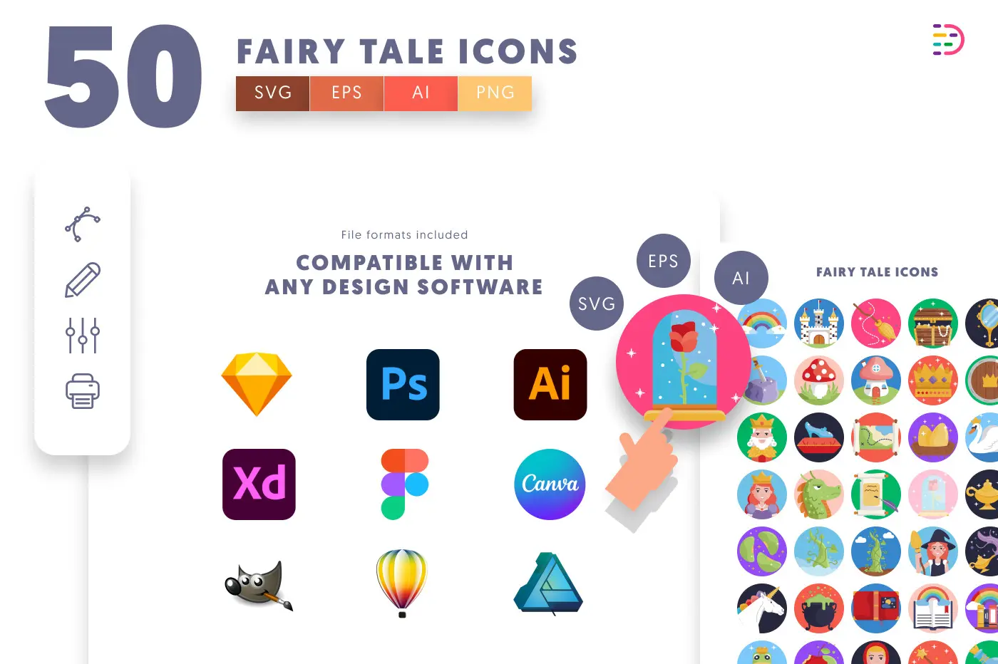50 Fairy Tale Icons preview 8 – flat circle icons in PNG, SVG and EPS