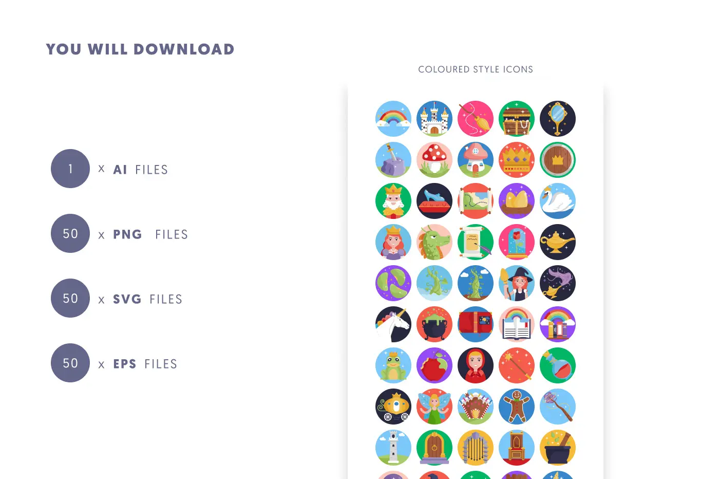 50 Fairy Tale Icons preview 9 – flat circle icons in PNG, SVG and EPS