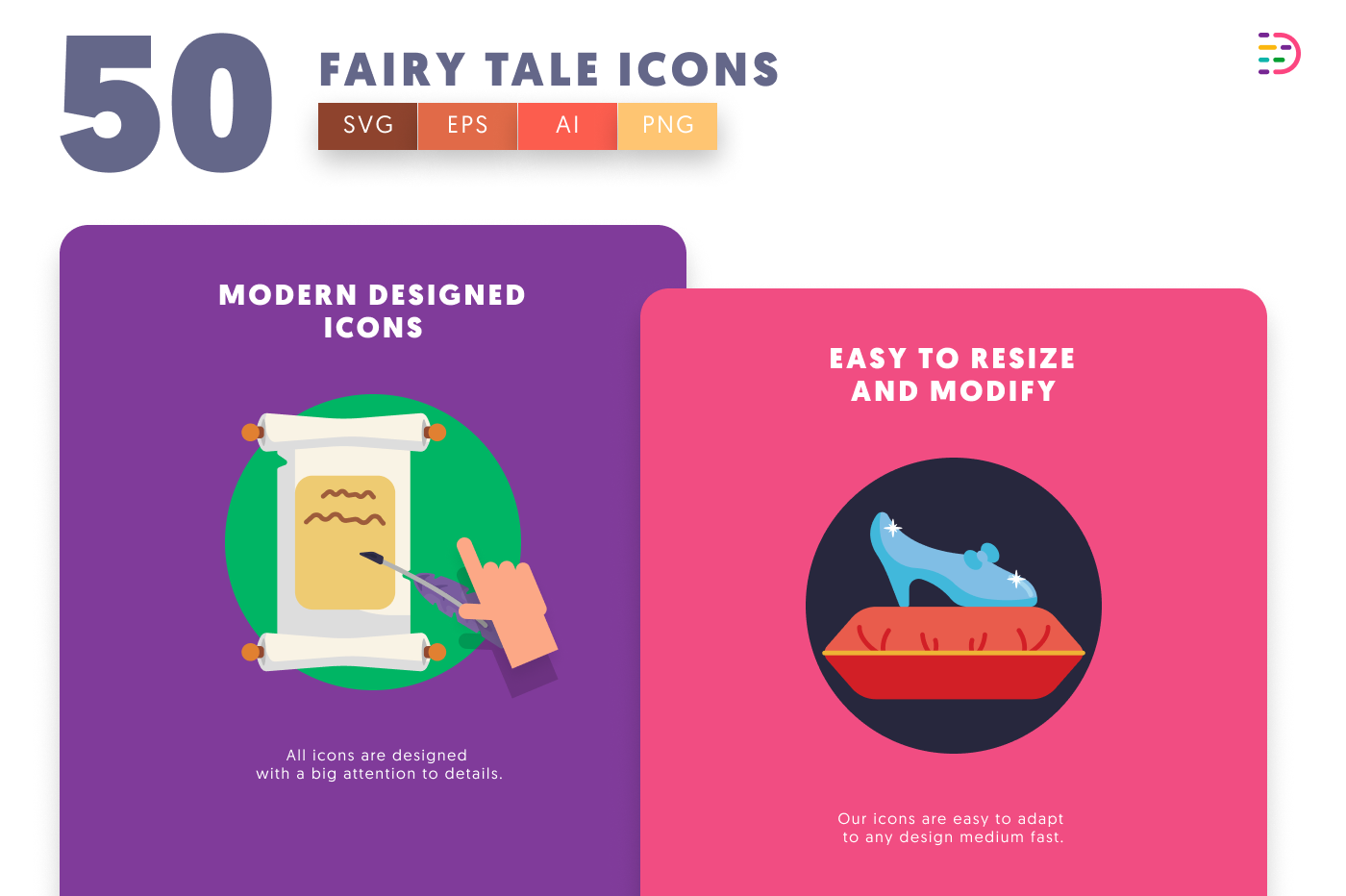50 Fairy Tale Icons cover – flat circle icons in PNG, SVG and EPS