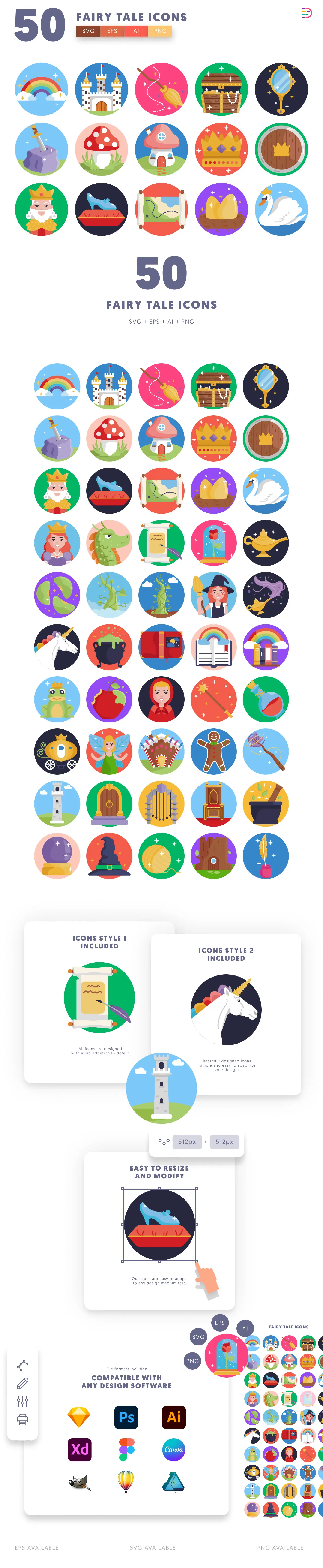 50 Fairy Tale Icons cover – flat circle icons in PNG, SVG and EPS
