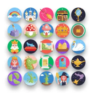 50 Fairy Tale Icons – set of colorful flat circle icons