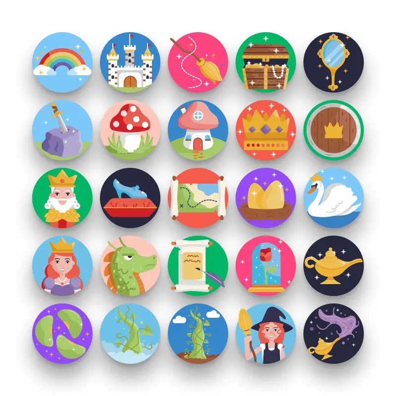 50 Fairy Tale Icons – set of colorful flat circle icons