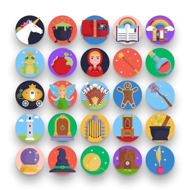 50 Fairy Tale Icons – set of colorful flat circle icons