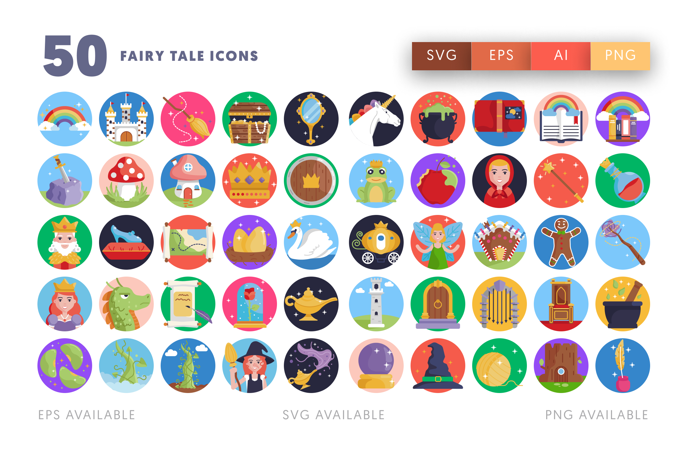 50 Fairy Tale Icons – flat circle icon set