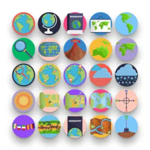 50 Geography Icons – set of colorful flat circle icons