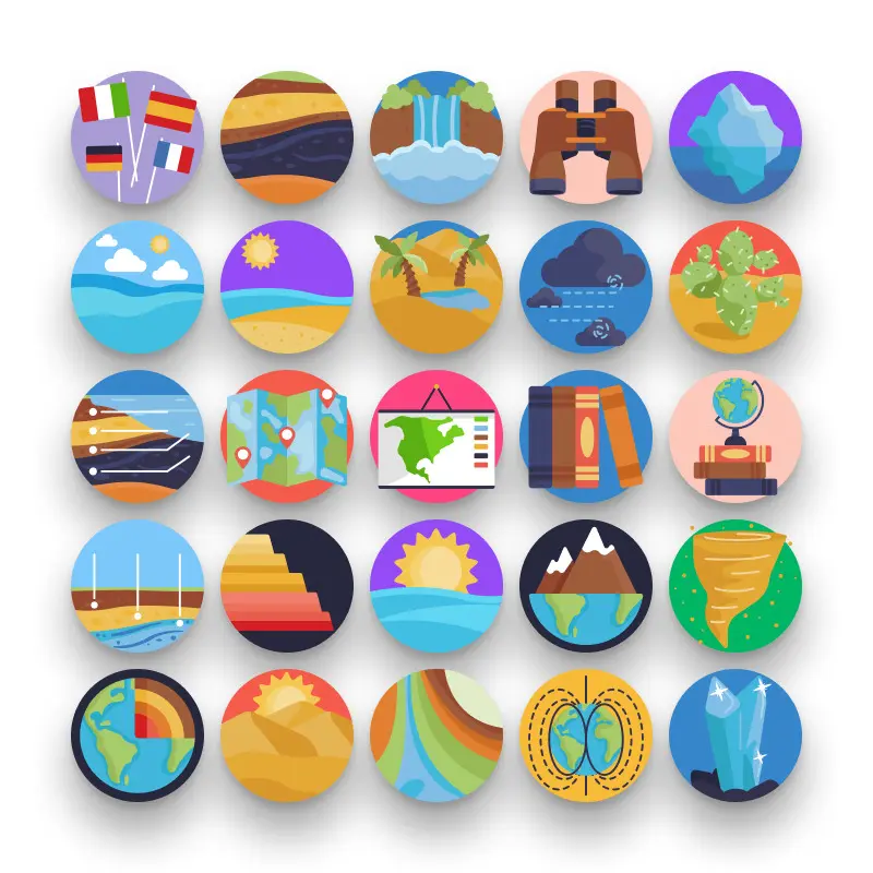 50 Geography Icons – set of colorful flat circle icons