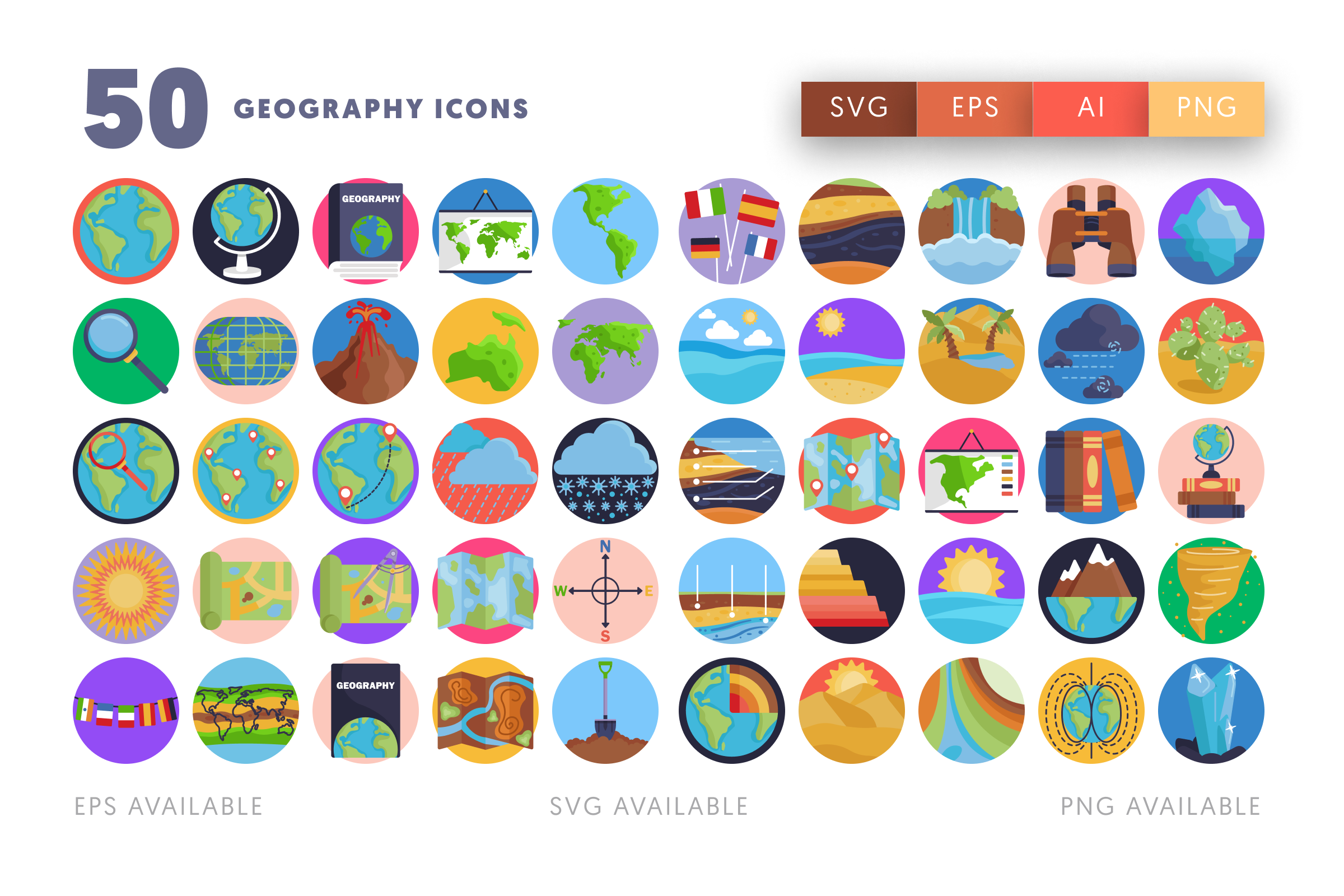 50 Geography Icons – flat circle icon set
