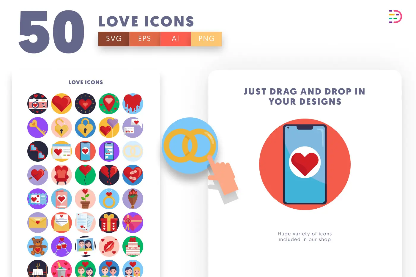 50 Love Icons preview 1 – flat circle icons in PNG, SVG and EPS