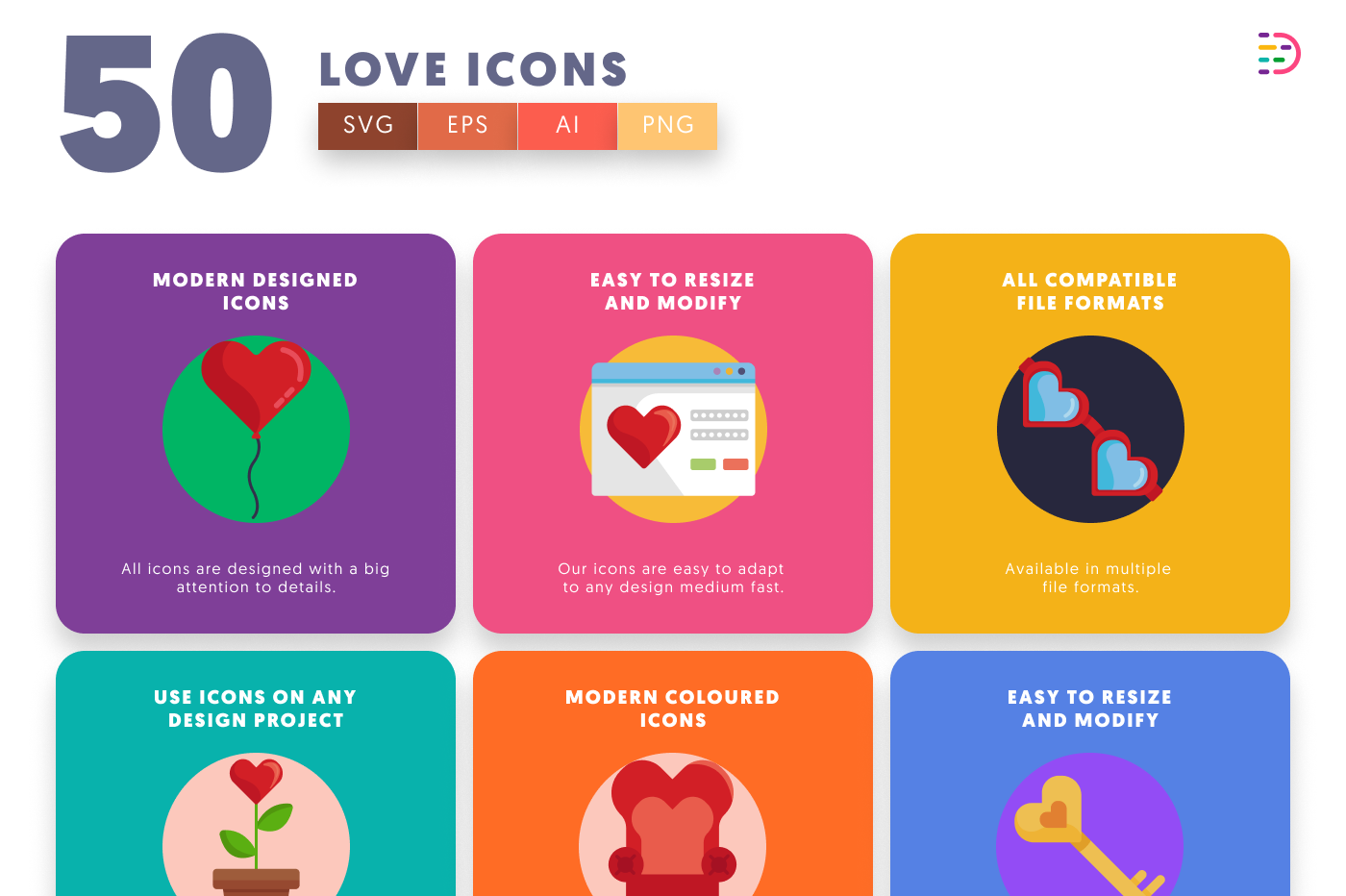 50 Love Icons preview 5 – flat circle icons in PNG, SVG and EPS
