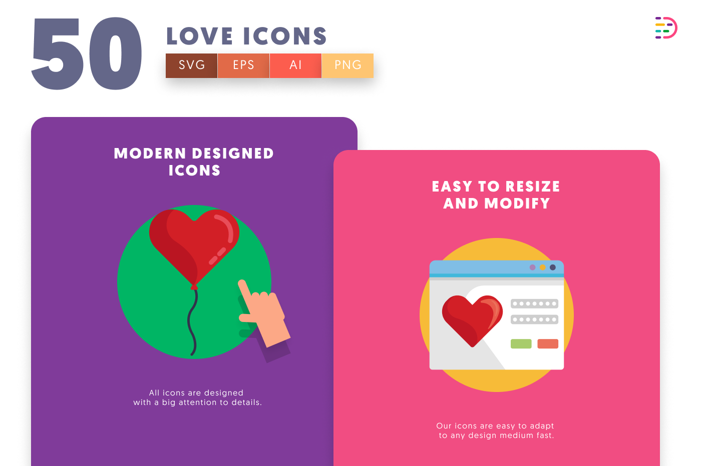50 Love Icons cover – flat circle icons in PNG, SVG and EPS