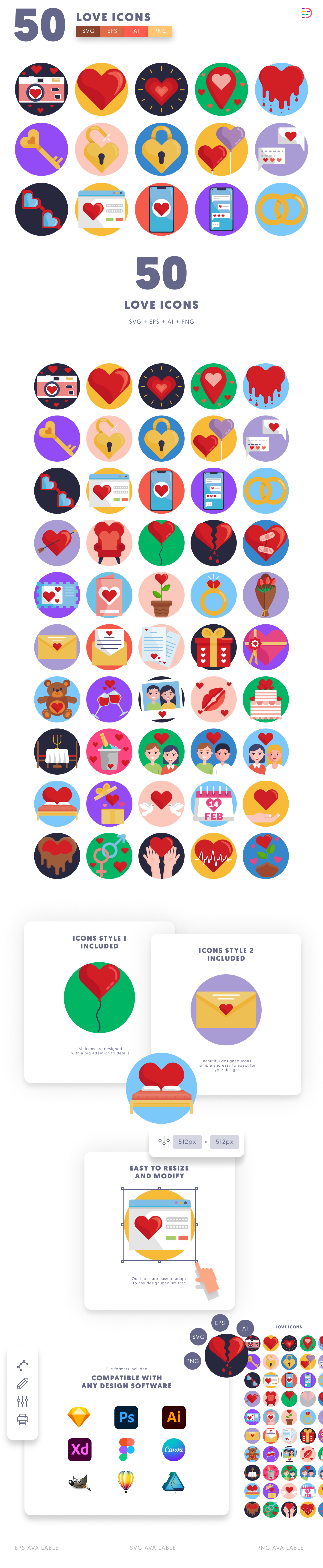 50 Love Icons cover – flat circle icons in PNG, SVG and EPS