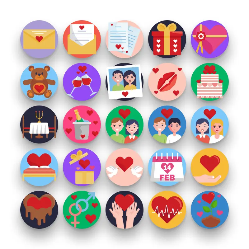 50 Love Icons – set of colorful flat circle icons