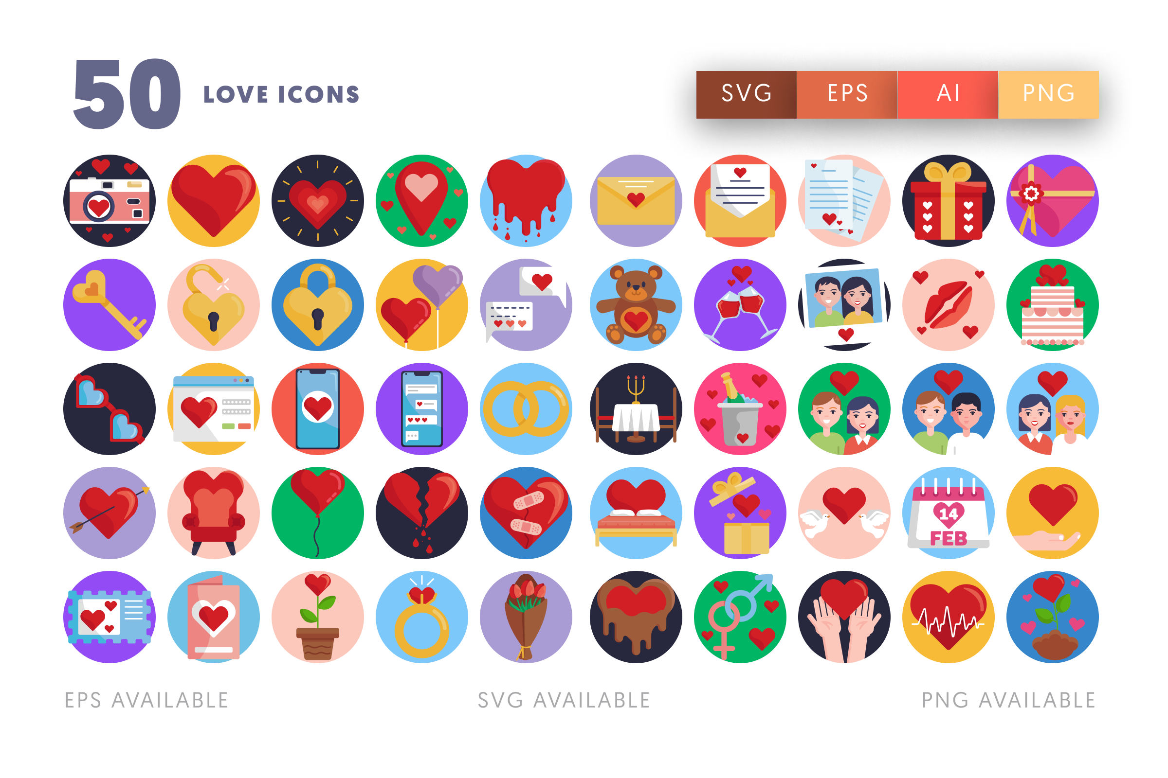 50 Love Icons – flat circle icon set